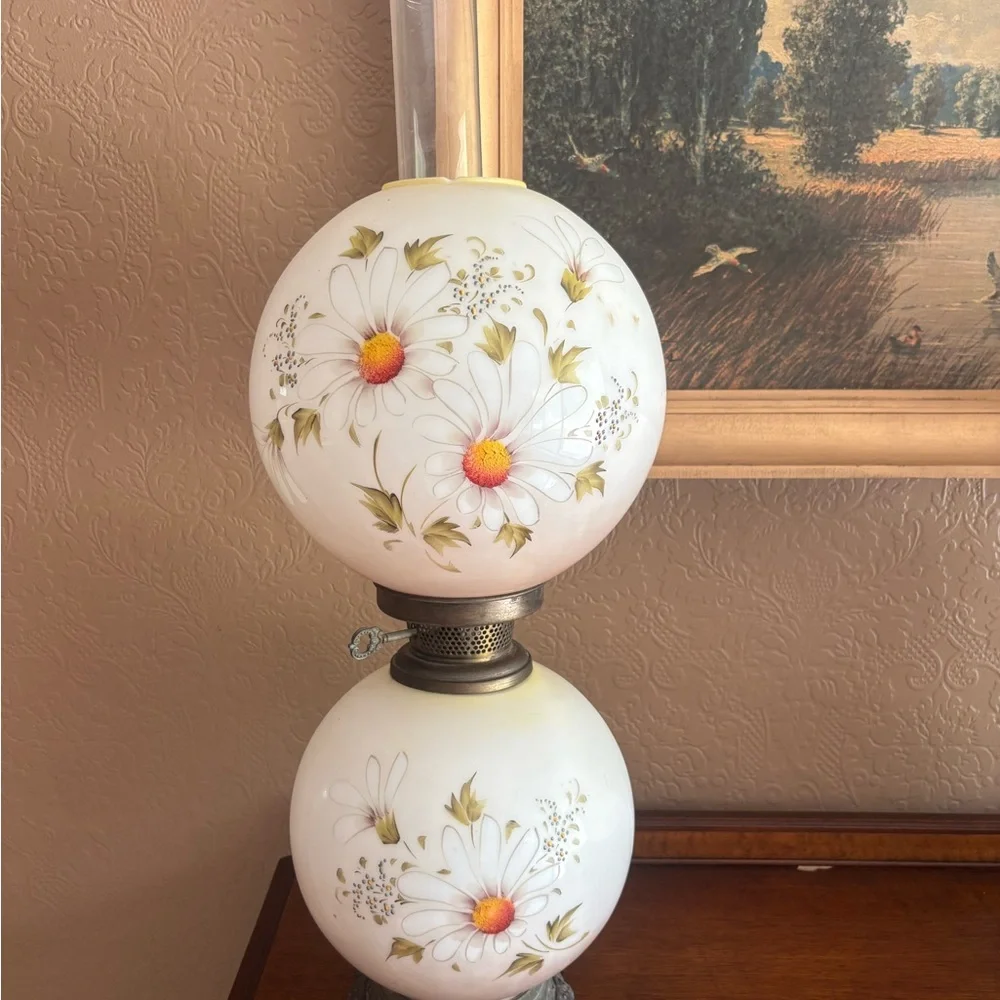Vintage Floral Glass Table Lamp - White with Yellow and Green Accents